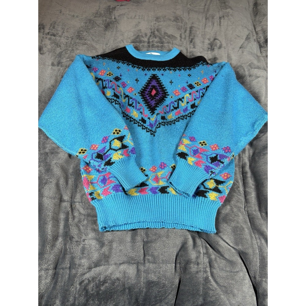 Vintage Fair Isle Acrylic Wool‎ Mount Cervin Sweater Blue Purple Pink Size M